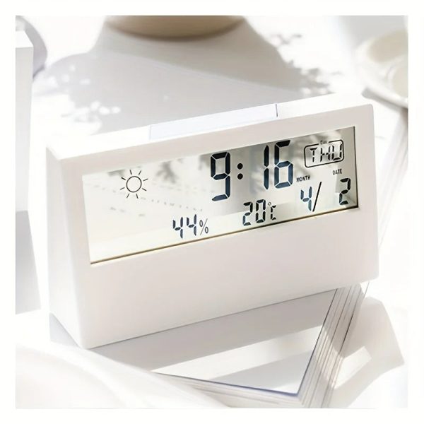 1pc White Clock,Multifunctional Weather Temperature Hygrometer Mute Digital Display Electronic Clock,Desktop Alarm Clock