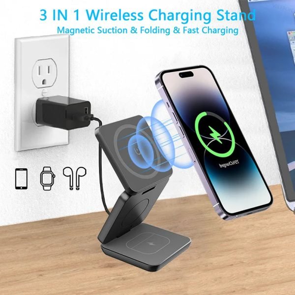 3 in 1 Magnetic Foldable Wireless Charger Stand for iPhone 15 14 13 12 Apple Watch 8 7 Airpods Pro Fast Charging Dock Station - Image 2