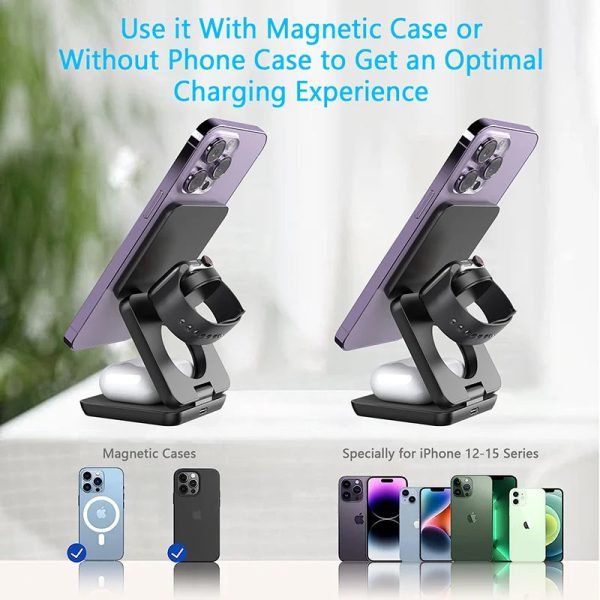 3 in 1 Magnetic Foldable Wireless Charger Stand for iPhone 15 14 13 12 Apple Watch 8 7 Airpods Pro Fast Charging Dock Station - Image 3
