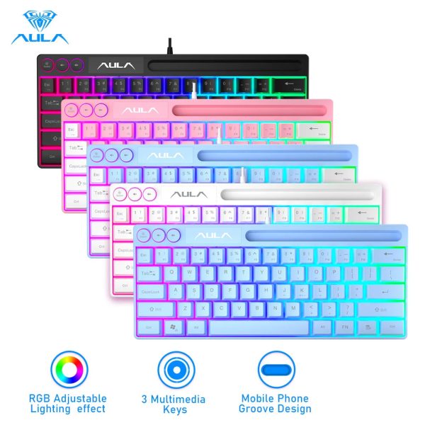 AULA F3061 RGB 61 Keys Membrang Wired Keyboard USB Gaming computer for Laptop Connection Pc gamer Small size Keypad pink blue - Image 5