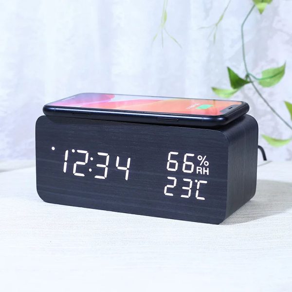 Intelligent wooden alarm clock with humidity wireless charging student specific digital LED creative wooden clock - Image 7