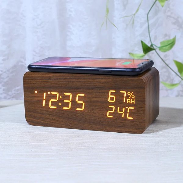 Intelligent wooden alarm clock with humidity wireless charging student specific digital LED creative wooden clock - Image 10