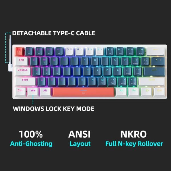 Machenike K500-B61 Mini Mechanical Keybaord 60% Form Factor 61Keys Gaming Keybaord Wired Full Key Hot-Swappable RGB Backlit - Image 5