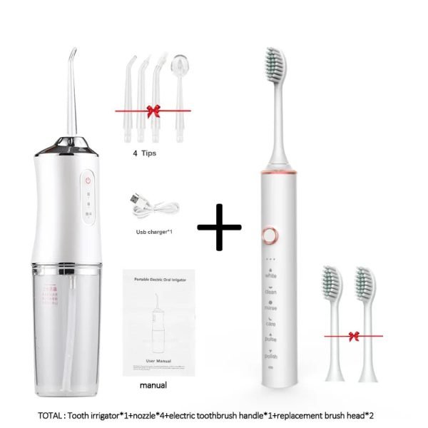 Oral irrigator and Electric toothbrush ipx7 replacement brush head portable dental water flosser with 4 nozzles usb rechargeable - Image 12