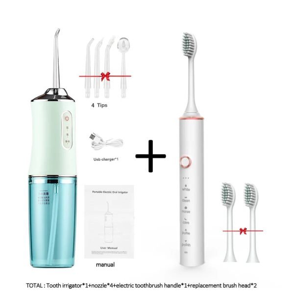 Oral irrigator and Electric toothbrush ipx7 replacement brush head portable dental water flosser with 4 nozzles usb rechargeable - Image 11