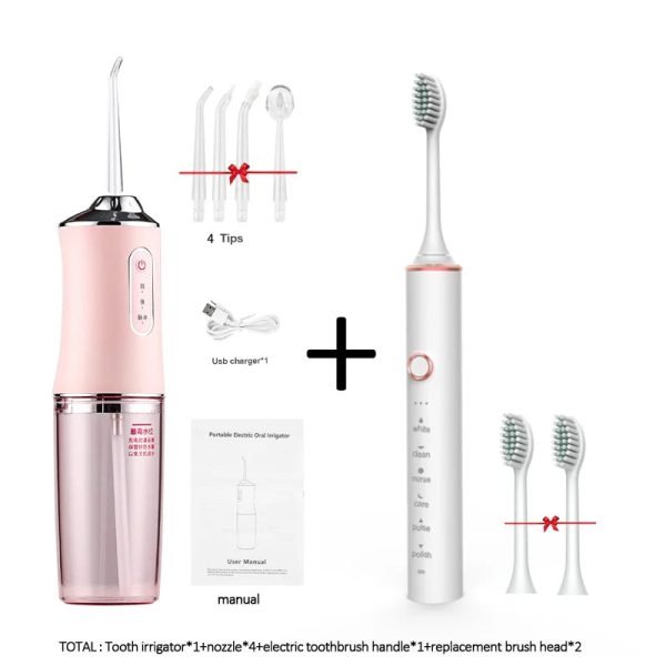 Oral irrigator and Electric toothbrush ipx7 replacement brush head portable dental water flosser with 4 nozzles usb rechargeable - Image 9