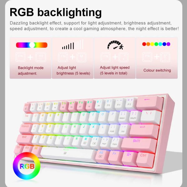 REDRAGON Fizz K617 RGB USB Mini Mechanical Gaming Wired Keyboard Red Switch 61 Key Gamer for Computer PC Laptop detachable cable - Image 4