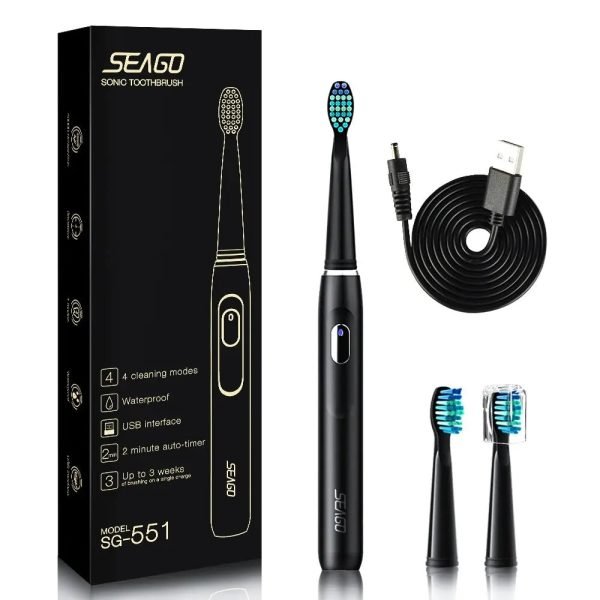 SEAGO Sonic Electric Toothbrush Portable for Travel Rechargeable 4 Modes 3 Replacement Brush Heads Dental Care Oral Health